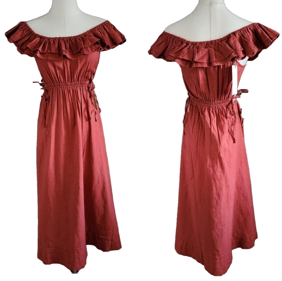 NEW CLEOBELLA Daria Midi Cut Out Sides Dress in deep brick Cotton/Linen - Picture 5 of 13